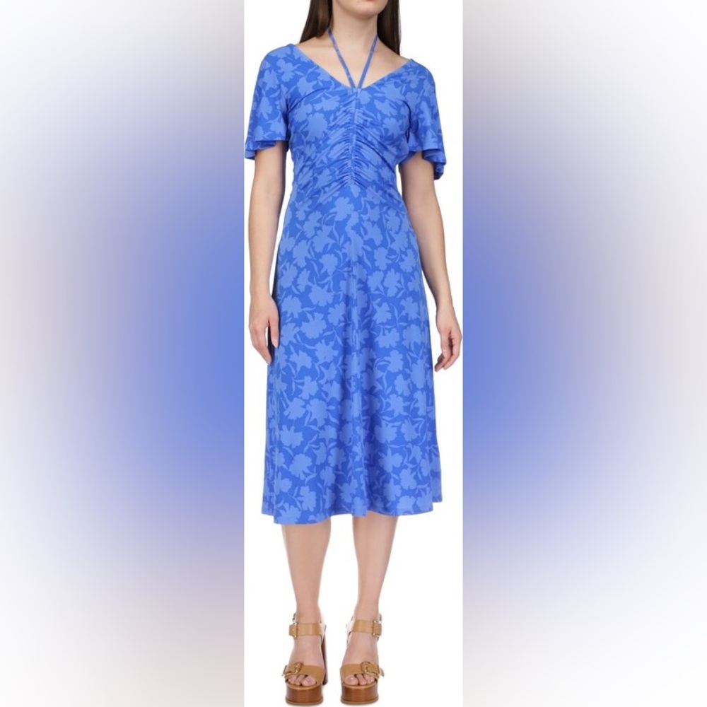 Michael Kors Blue Floral Ruched Flutter Sleeve Midi Dress - Picture 13 of 13